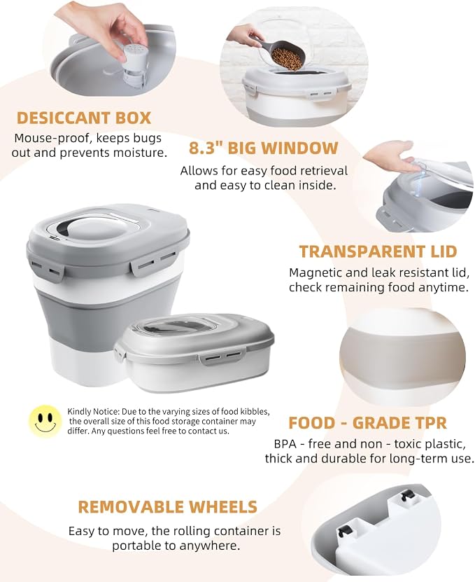 30-35 Lbs Dog Food Storage Container Collapsible Dog Food Container | Large Pet Food Storage with Airtight Lids,Wheels,Scoop and 2Pcs Food Storage Containers,Keep Food Fresh for Dog,Cat - Image 7
