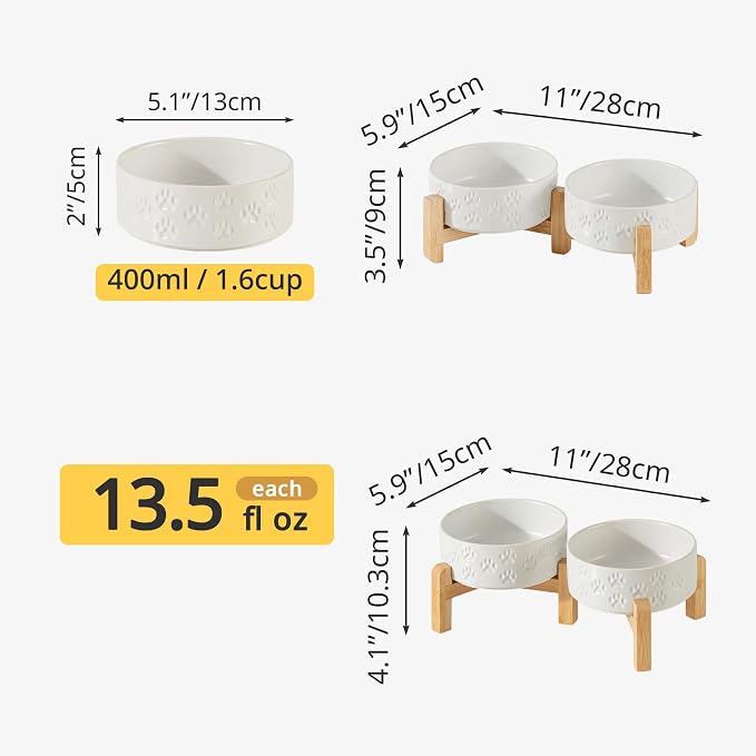 Elevated Ceramic Dog Bowl Set, Anti-Skid Bamboo Stand, White, 5.1 inch | Food and Water Bowls with Fixed Non-Slip Rubber Ring, Microwave Safe, Easy to Clean, 1.6 Cup per Bowl, for Small-Breed Puppy - Image 3