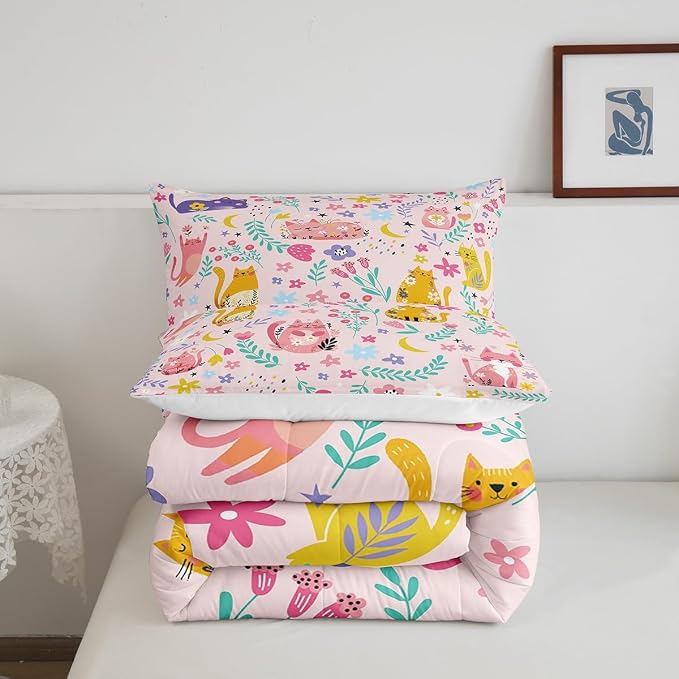 Feelyou Kids Funny Cats Bedding Set Girls Cute Flower Cartoon Kitty Kitten Comforter Set King Size Animal Theme Duvet Insert Girly Kawaii Room Pink Decor - Image 3