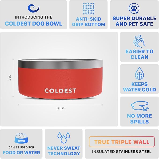 Coldest Dog Bowl - Anti Rust Metal, Non Slip, 3 Layers Insulated Stainless Steel Dog Bowls - Spill Proof & Heavy Duty - Water Bowl for Dogs, Cats & Pets, Dish Washer Safe (100 oz, Crimson Red) - Image 5