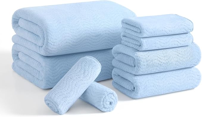 8 Piece Bath Towel Set Blue|2 Oversized Large Bath Sheet,2 Hand Towels,4 Washcloths| Ultra Soft Cozy Bath Towel Set for Bathroom Hotel Gym Spa,Highly Absorbent & Quick Dry Bathroom Towel Collections by JessyHome