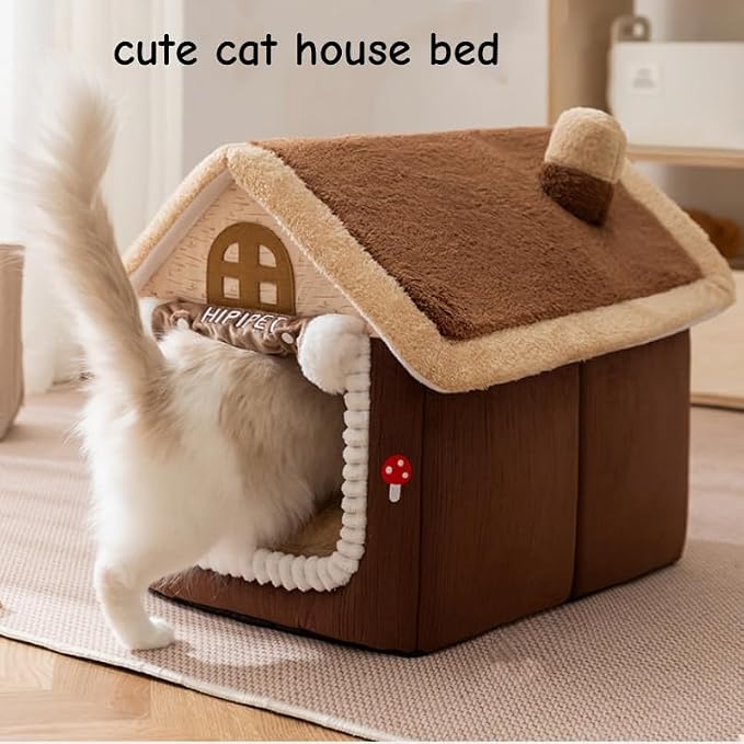Mushroom Cat Bed for Indoor Cats, Cat Cave Bed with Door Curtain, Foldable Dog House with Reversible Cushion, Covered Pet Bed for Cats Small Dogs (Brown, L-19.2 * 15.3 * 18in) - Image 3
