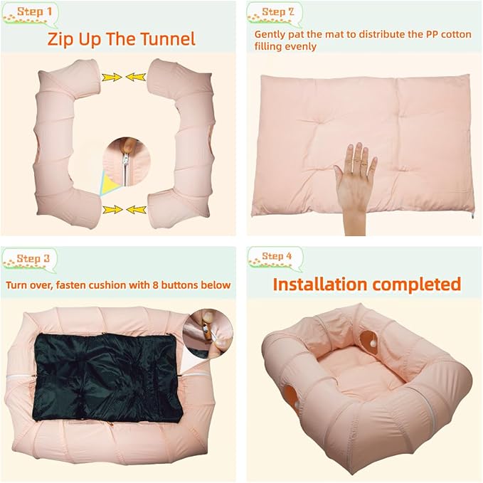 XxingSheep 4 Ways Shuttled XL Cat Tunnel Bed for Indoor Cats Peekaboo Cat Cave Donut with Cool Mat (Pink) - Image 5