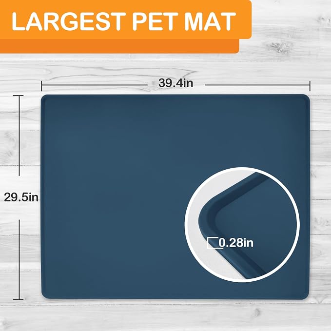 KVK Dog Water Mat 39.4 by 29.5in Extra Large - Silicone Mat for Dog Bowls Waterproof Non Slip - XL Pet Mat for Food and Water Protect Floors - Stone Blue - Image 2