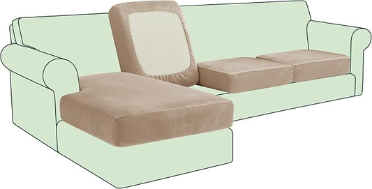 CHUN YI Velvet Couch Cushion Covers, 4 PC Water Resistant Sectional Couch Covers for L Shape Sofa, Individual Seat Cushion Protector for Pets (3 Seater + 1 Chaise, Camel) by CHUNYI