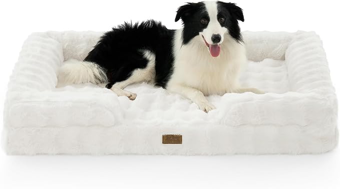 COZY KISS Orthopedic Dog Bed for Extra Large Dog, Soft and Warm Faux Fur Sofa for Giant Pet Up to 150 lbs, Foam Bolster Anti-Slip Couch with Washable Removable Cover, XXL 48x35x8 inch, Beige by COZYKISS