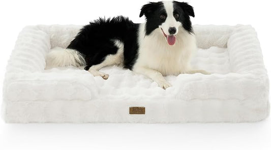 COZY KISS Orthopedic Dog Bed for Extra Large Dog, Soft and Warm Faux Fur Sofa for Giant Pet Up to 150 lbs, Foam Bolster Anti-Slip Couch with Washable Removable Cover, XXL 48x35x8 inch, Beige by COZYKISS