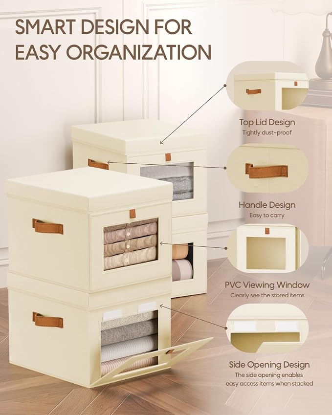 Homsorout Storage Bins with Lid – Closet Organizer with Side Opening and Clear Window, Foldable Stackable Fabric Basket for Clothes, Home, Office - 13.77" x 11.8" x 9.8", 6 Pack, Beige - Image 2