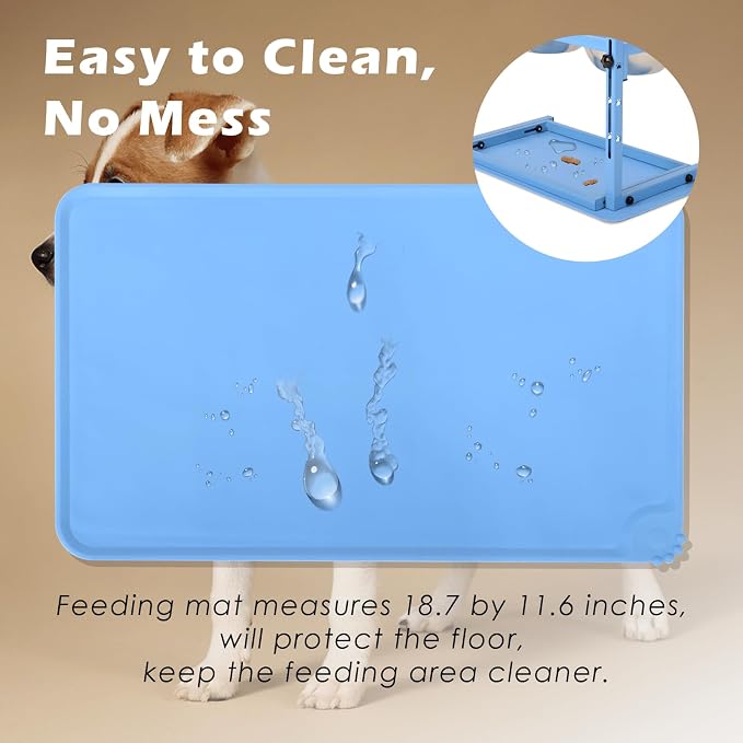 SHAINFUN Blue Raised Dog Bowl Stand with Two 1700ml Stainless Steel Food Bowl, a Slow Feeder and Spill Proof Mat, Adjustable Elevated Dog Bowls for Large Medium and Small Breeds - Image 5
