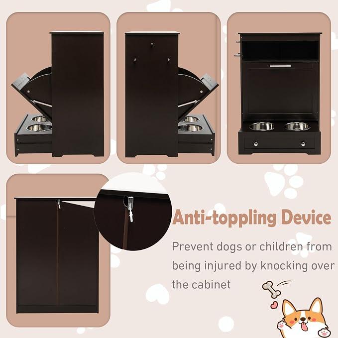 Dog Food Cabinet Feeding Station with 2 Raised Bowls, Pull Out Elevated Dog Bowl, Storage, 3 Hangers, Pet Feeder Toy Leashes Organizer, Brown - Image 5