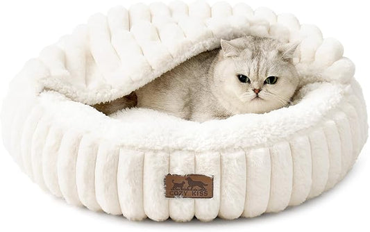 COZY KISS Hooded Blanket Cat Bed – 20"x20" Round Fluffy Donut Cuddler for Cats & Toy Dogs, Anti-Anxiety Faux Fur Pet Bed, Machine Washable with Non-Slip Bottom, Cream by COZYKISS
