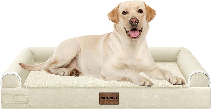 NANUYA Orthopedic Dog Bed for Large Dogs, 38 x 25 Inch, Beige | Egg crate foam for joint support, 3-sided bolster pet sofa, waterproof lining, washable cover, and non-skid base by Nanuya