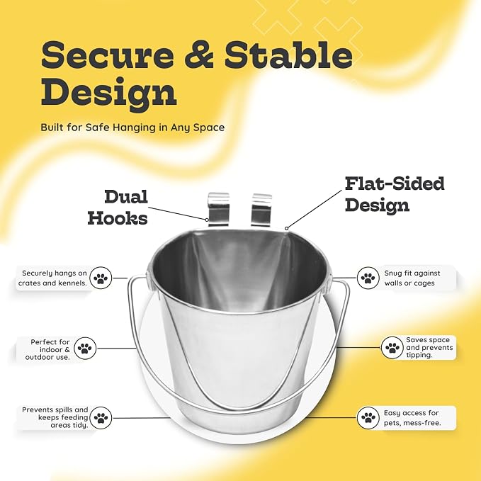 2 Quart Stainless Steel Flat Sided Bucket with Dual Hooks | 4 Pcs Durable Food & Water Bowl for Dog Cats Bird & Small Animals | Fits kennel Cage Crates Hanging Pet Pail | Multipurpose use - Image 5
