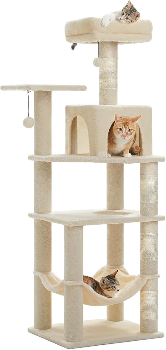 PEQULTI 56.3'' Cat Tree for Indoor Cats, Multi-Level Cat Tower with 2 Top Perch, Cat Condo, Hammock and Sisal-Covered Scratching Post, Beige