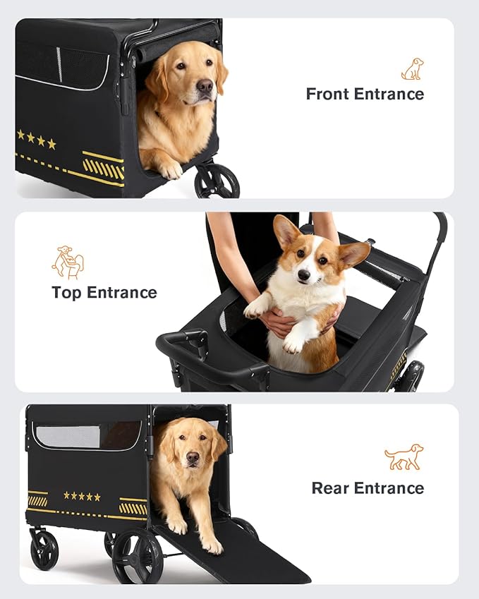 All Terrain Pet Stroller for Medium & Large Dogs with Ramp, Foldable Dog Stroller with Brakes, 3 Entrances, Dual Adjustable Handles with Reversible Push, 160lbs Weight Capacity