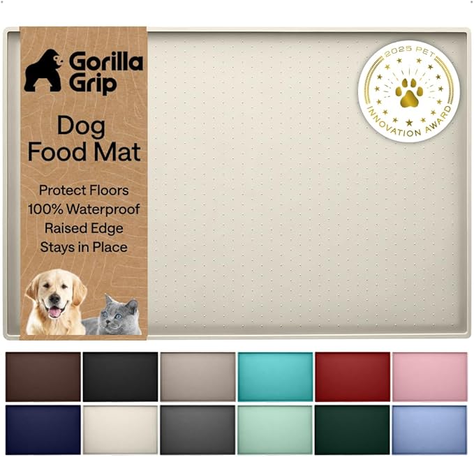 GORILLA GRIP 100% Waterproof Raised Edge BPA Free Silicone Pet Feeding Mat, Dog Cat Food Mats Contain Spills Protects Floors, Placemats for Cats and Dogs Water Bowl, Pets Accessories 18.5x11.5 Cream by Unknown