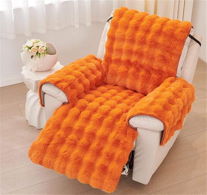 Plush Recliner Slipcover Home Faux Fur Fluffy Recliner Chair Slipcover Non Slip Back Fuzzy Fluffy Reclining Couch Cover Soft Comfort Sofa Slipcover Washable Furniture Protector (Orange) - Image 3