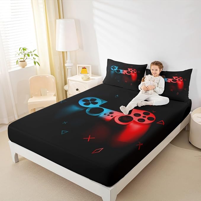 Gaming Bedding Sets for Boys Gamer Sheet Set Full,Blue Red Gamepad Bed Sheet Sets Kid Men Video Games Fitted Sheet for Teen Child Game Room Decor Black Classic Retro Gaming Flat Sheet with Pillowcase - Image 4