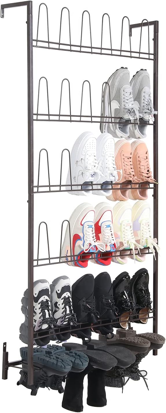 MyGift 5-Tier Wall Mounted Dark Brown Metal 18 Pair Boot and Shoe Storage Rack Organizer Stand by MyGiftHome