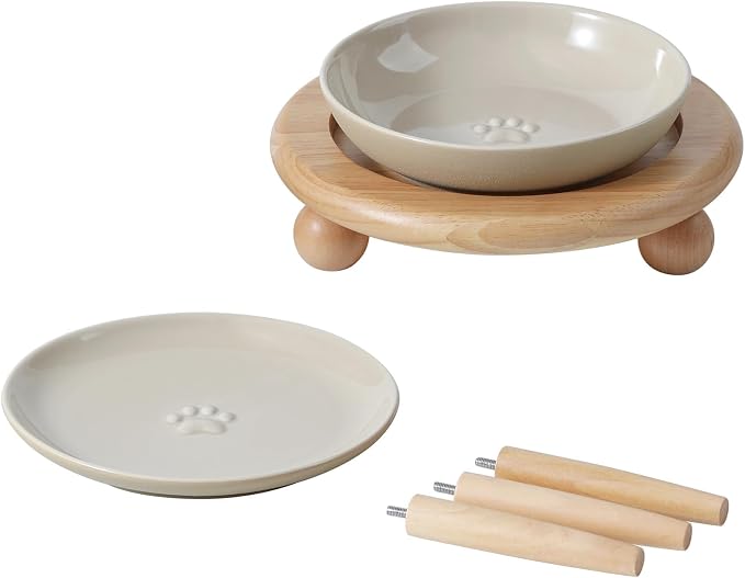 Havniva Elevated Cat Bowls, Raised Ceramic Cat Bowl with Stand, Two Heights | Cat Food & Water Bowl Set, Whisker Friendly, 5.6” Raised Cat Dishes + 6” Shallow Cat Plates, Non-slip Wood Stand, Kitten Bowl by Havniva