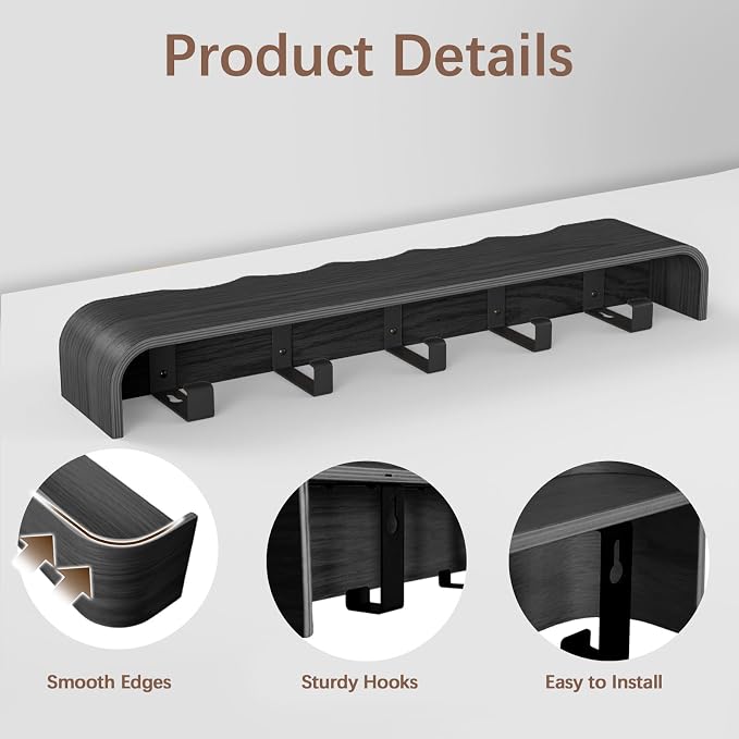 Coat Rack Wall Mount with Hidden Hooks, Wall Hooks with Shelf, Wall Key Holder Mount Wooden Shelf Entryway Hooks for Bedroom Bathroom for Hanging Coats Hats Bags Towels (Black Wave-Shape, 5 Hooks) - Image 3