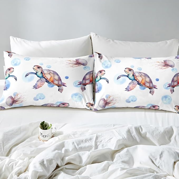 Tropical Sea Turtle Fitted Sheet & Pillow Sham Set, Coastal Printed 4 Piece Soft Bedding Decor Set with Flat Sheet, Queen, Blue Red White - Image 5