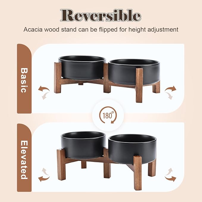 SPUNKYJUNKY Ceramic Dog Bowls with Acacia Wood Stand - Raised Dog Food and Water Bowl Set for Small Dogs (13.52 OZ, Black) - Image 3