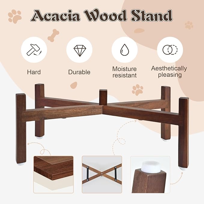 SPUNKYJUNKY Raised Ceramic Dog Bowls Set with Non-Slip Acacia Wood Stand for Medium Sized Dog(42.27 OZ, Gray) - Image 3