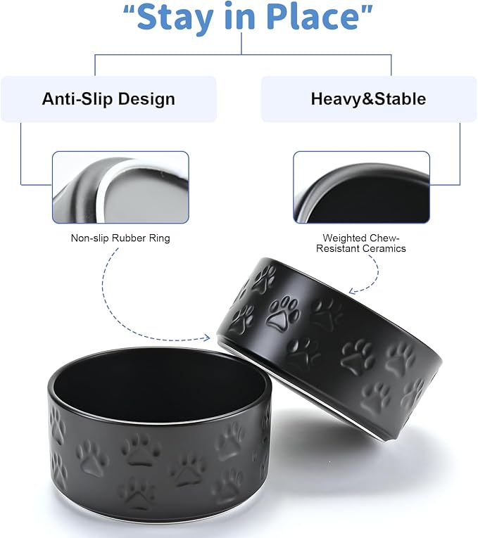 SPUNKYJUNKY Ceramic Dog and Cat Bowls 2 Pack, 5.1'' Dog and Cat Food Water Double Feeding Bowls Non-Slip for Cats and Puppy Small Sized Breed Dogs Microwave Dishwasher Safe - 13.5 OZ, 2pcs, Paw Black - Image 4
