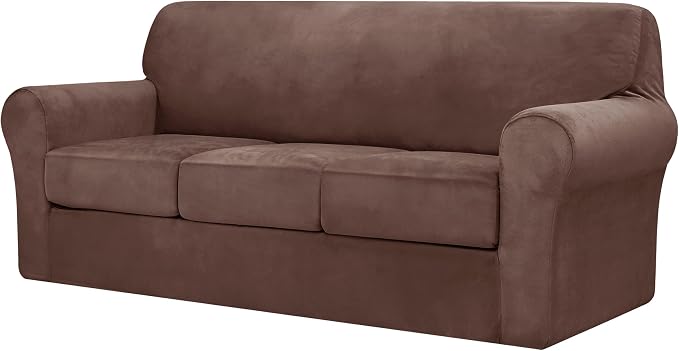 CHUN YI 4 Piece Velvet Couch Covers for 3 Cushion Couch, Water Resistant Non Slip Sofa Slipcover, High Stretch Thick Furniture Protector for Dogs Pets, Large, Brown by CHUNYI