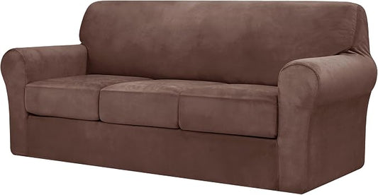 CHUN YI 4 Piece Velvet Couch Covers for 3 Cushion Couch, Water Resistant Non Slip Sofa Slipcover, High Stretch Thick Furniture Protector for Dogs Pets, Large, Brown by CHUNYI
