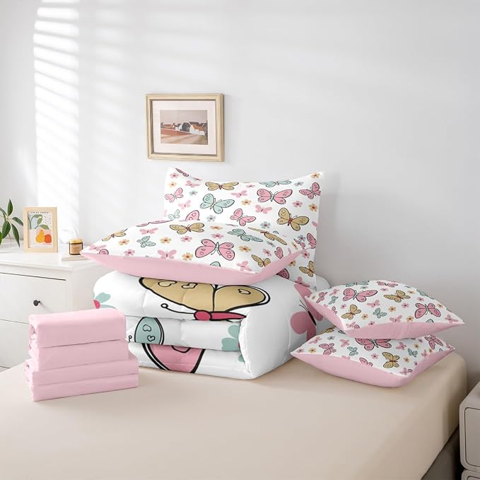 Feelyou Cute Butterfly 7 Piece Bedding Set Kawaii Flower Comforter Set with Sheets for Kids Boys Girls Pink Blue Yellow Bed in a Bag Nutrue Theme Bed Set Soft Lightweight - Image 5
