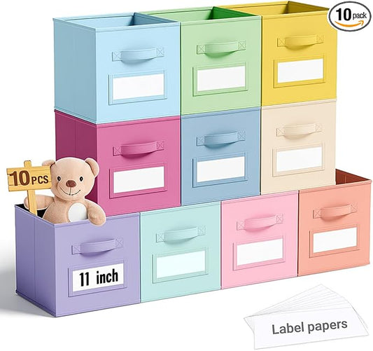 Teenyyou 10 Pack Fabric Storage Cubes 11 Inch Collapsible Cube Bins with Label Window & Handle Foldable Organizers Baskets for Shelf Closet Nursery Kids Room Clothes Book Toy(Macaroon) by Teenyyou