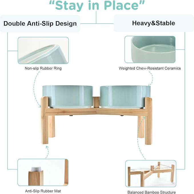 SPUNKYJUNKY Elevated Dog Bowls Ceramic, 7.3'' Dogs Food Water Bowls Raised with Non-Slip Bamboo Stand for Medium to Large Sized Breed Microwave Dishwasher Safe - 42 OZ,Light Green - Image 4