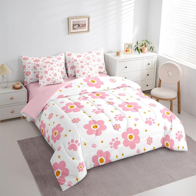Feelyou Pink Flower 7 Piece Bedding Set Cute Dog Paw Print Comforter Set with Sheets for Kids Boys Girls Star Print Bed in a Bag Kawaii Bed Set Soft Lightweight - Image 3