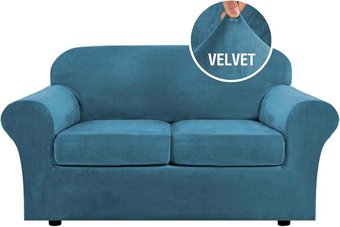 H.VERSAILTEX Real Velvet Plush 3 Piece Stretch Sofa Covers Couch Covers for 2 Cushion Couch Loveseat Covers Width Up to 72 Inch Thick Soft Stay in Place (Medium Sofa, Peacock Blue) by HVERSAILTEX