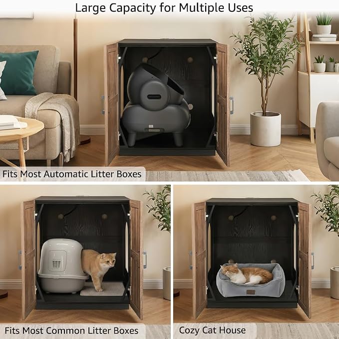 unipaws Cat Litter Box Enclosure for Self-Cleaning & Automatic Litter Boxes | Extra Large Cabinet with Charging Station, Wooden Dog Proof Hidden Cat House for Top Entry Litter Box - Image 3