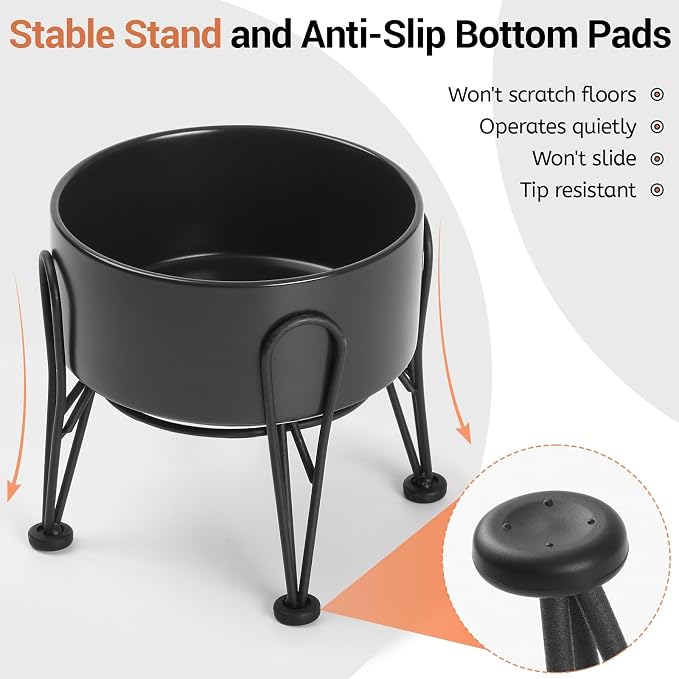 Elevated Dog Bowls, Ceramic Raised Dog Bowl Set with Anti-Slip and Non-Tip Metal Stand, 2 Pack Pet Food and Water Feeding Bowls for Small and Medium Dogs (Black,7.6 Cups) - Image 4