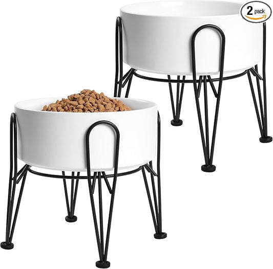 Elevated Dog Bowls, Ceramic Raised Dog Bowl Set with Anti-Slip and Non-Tip Metal Stand, 2 Pack Pet Food and Water Feeding Bowls for Small and Medium Dogs (White,7.6 Cups) by Kitwinney