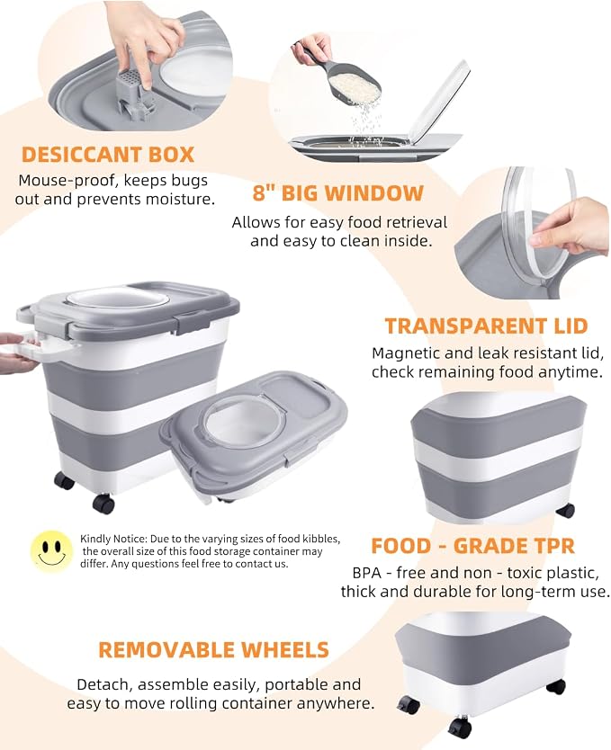 HOYTAMDAR 25-28lbs Dog Food Storage Container, Collapsible Dog Food Container, Wheels, Handle, Airtight Pet Food Storage Container, Scoop, Small Dry Container For Dog Cat Bird Food - Image 6