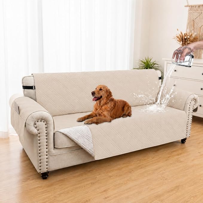 100% Waterproof Couch Cover for Dogs, Washable Anti-Slip Sofa Cover with Elastic Straps & Side Pockets, Quilted Furniture Protector for Kids & Pets (Oversize Sofa 78", Beige) by Unknown
