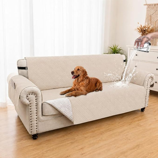 100% Waterproof Couch Cover for Dogs, Washable Anti-Slip Sofa Cover with Elastic Straps & Side Pockets, Quilted Furniture Protector for Kids & Pets (Oversize Sofa 78", Beige) by Unknown