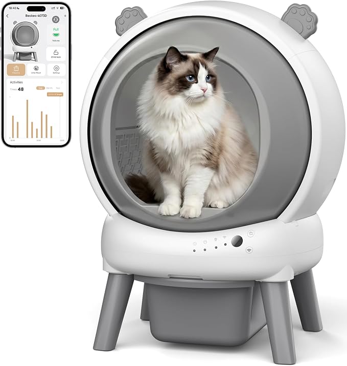 Self Cleaning Litter Box for Multiple Cats, 15L Large Automatic Litter Box with Smart APP Control, 35dB Ultra-Quiet Self-Cleaning Cat Litter Box, Dual Safety Infrared Sensors, Smell-Free, Gray-A by Beokeo