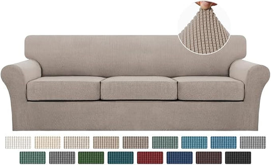 Turquoize 4 Piece Sofa Covers for 3 Cushion Couch Sofa Slipcover Soft Couch Cover for Dogs-Washable Sofa Furniture Covers with 3 Individual Large Cushion Covers, Feature Thick Fabric (XL Sofa, Sand) by Turquoize