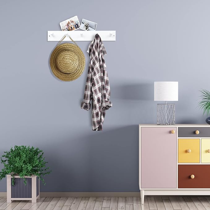 Wooden Coat Rack 2Pcs, 16'' Hole to Hole Wooden Wall-Mounted Coat Hooks, 5 Pegs Bamboo Wall Hooks for Hanging Towels, Hats, Robes, Clothes, Keys, White - Image 5