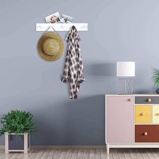 Wood Coat Rack Wall Mounted, 16'' Hole to Hole Wooden Peg Rail for Wall Hangers, 5 Pegs Bamboo Wall Hook for Hanging Towels Hats Robes Clothes Keys, White - Image 4