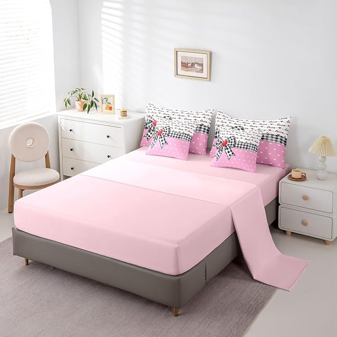 Erosebridal 7 Piece Valentine Bowknot Kids Comforter Set for Girls,Love Heart Shaped Twin Bedding Set for Girlfriend,Dreamy Princess Style Bed Set,Buffalo Plaid Grid Polka Dots Duvet Insert - Image 4