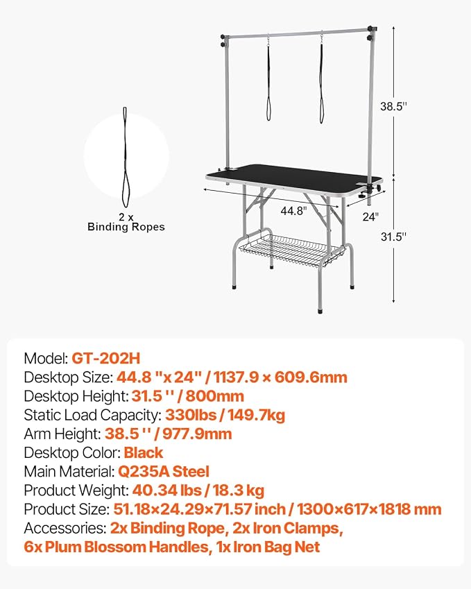 VEVOR Pet Grooming Table, 46 Inch Grooming Station with 2 Height Adjustable Arms, 330LBS Static Load Capacity, Foldable Dog Groom Station with No-Sit Haunch Holder with Loop, for Medium/Small Dogs - Image 7