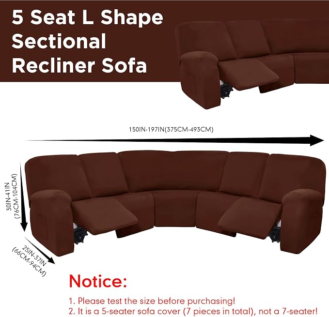 Peryiter 7 Pcs L Shape Sectional Recliner Sofa Covers 5 Seat Sectional Couch Covers Milk Silk Velvet Stretch Reclining Sofa Slipcover Furniture Protector for Living Room(Coffee Brown,Milk Silk) - Image 3