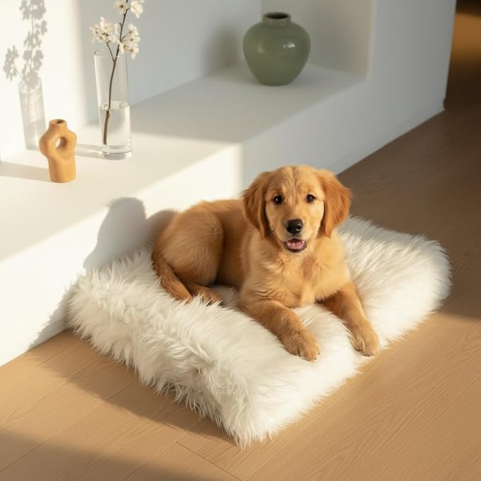 Faux Fur Orthopedic Rectangular Dog Bed, Memory Foam, White Small 23"x18" | Plush Sheepskin Style Furry Rug, Calming for Senior and Large Dogs, Washable Waterproof Cover, Fits Crates and Floors - Image 2